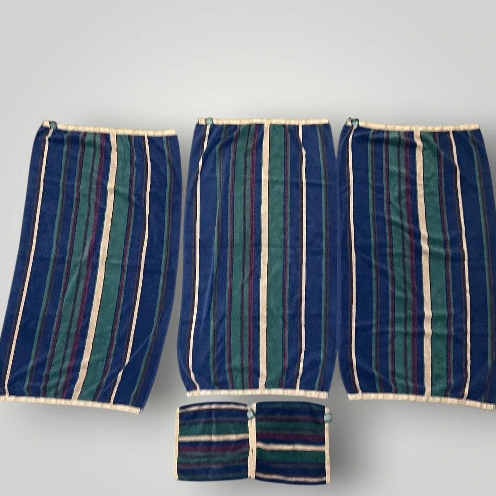 VTG 5 piece Lauren Ralph Lauren Towels Striped Cotton Terry Bath  Set Navy Green